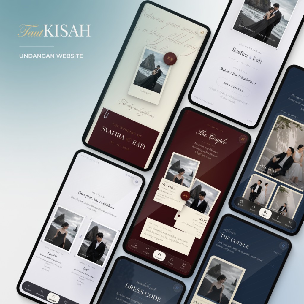Beberapa layar undangan website Taut Kisah: cover mempelai, polaroid, dress code, dan navigasi bawah.